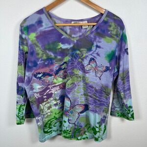 Vintage Womens Y2K Indie Butterfly Top L Sequin Tie Dye Boho Festival Colorful